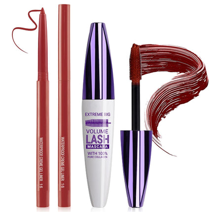 Burgundy Mascara & Eyeliner Set 5D Waterproof Volumizing Red Lash Makeup