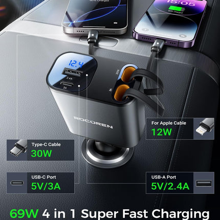 Retractable Car Charger for iPhone – 4-in-1 USB-C 69W Fast Charge