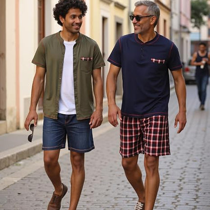 Men’s Cotton Pajama Set Short Sleeve Sleepwear Shorts with Pockets Size S-3XL
