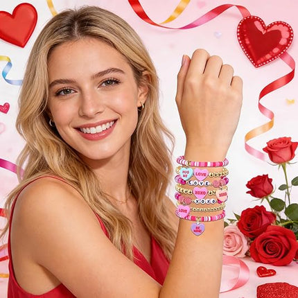 Beaded Heishi XOXO Bracelet: Hot Pink Valentine’s Day Heart Charm Stackable Jewelry