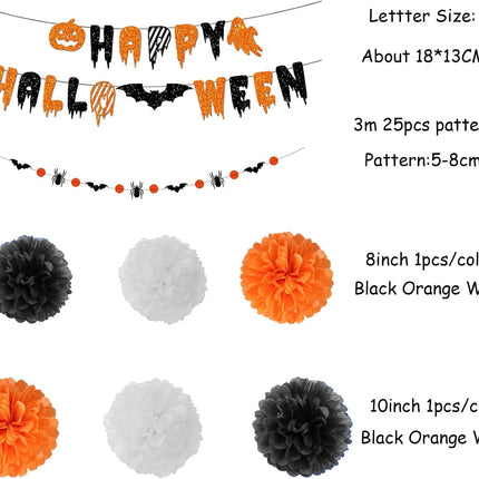 8-Piece Halloween Party Decor Kit, Happy Halloween Banner, Pom Poms & Bat Garland