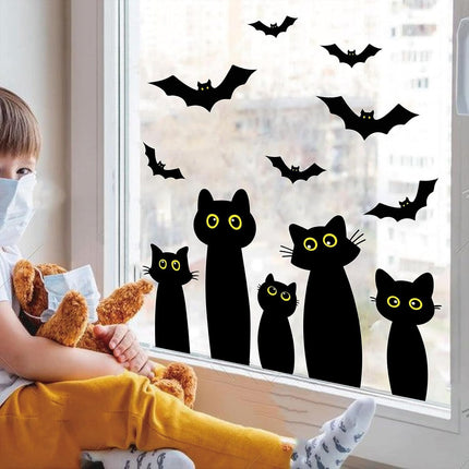 6-Sheet Halloween Black Cat Window Clings, Reusable Cat & Bat Silhouette Decals