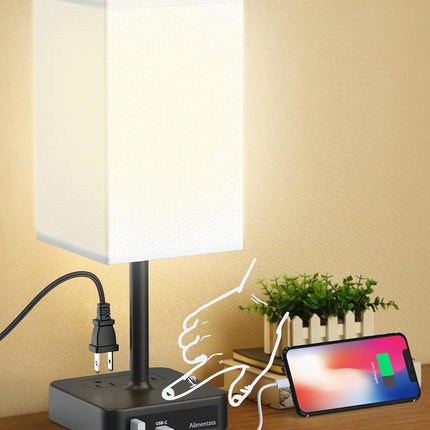 Bedside Table Lamp Touch Control USB C+A 2 AC Outlets Black Fabric Shade White
