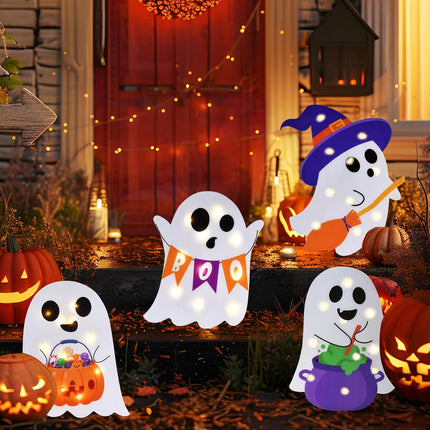 4-Pack Lighted Halloween Ghost Yard Signs, Witch Pumpkin Boo Lawn Stake Decorations