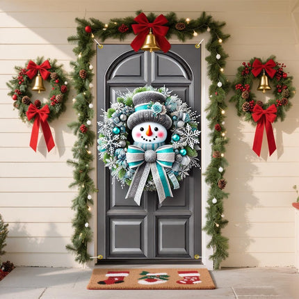 Christmas Door Banner 71x35 Inch: Snowman Wreath Design in Silver & Blue Theme