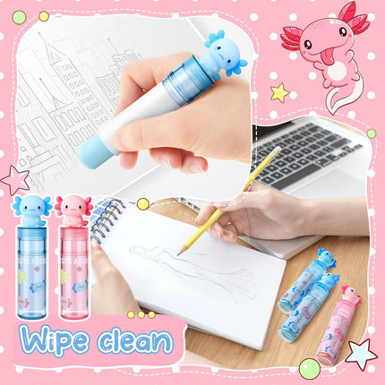 16 Pcs Axolotl Retractable Erasers – Pink & Blue, Party Favors, School Supplies