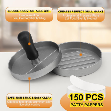 Burger Press Set – 150 Patty Papers, Aluminum Non-Stick Hamburger Maker