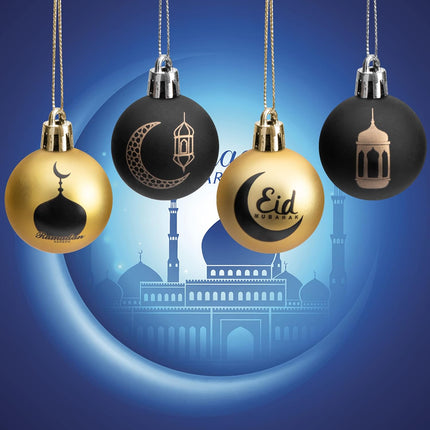 24PCS Black Gold Ramadan Ornament Balls – 1.57” Eid Mubarak Hanging Decor