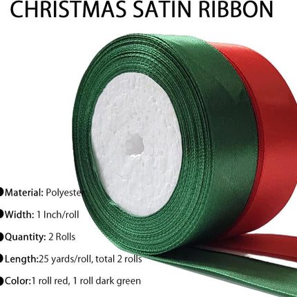 Christmas Satin Ribbon Red and Green 1 Inch 50 Yards Gift Wrapping and Decor
