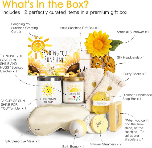 Sunflower Gift Basket for Women, 12-Piece Sunshine Spa Care Package with Wine Tumbler