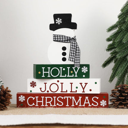 4PCS Wooden Block Christmas Signs – Classic Red, White & Green Decor