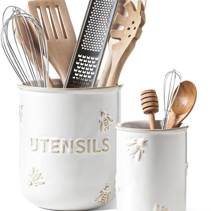 Ceramic Utensil Holder Set of 2 – 6.9" & 5.3" Embossed Kitchen Crocks