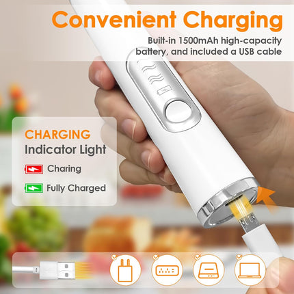 Rechargeable Milk Frother with 3 Speeds, 2 Stainless Steel Whisks, 1500mAh Battery White