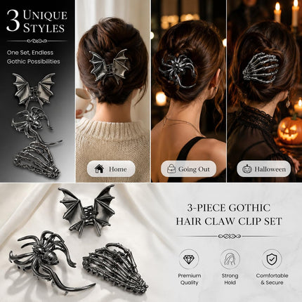 3PCS Halloween Gothic Hair Clips, Bat Wing, Spider & Skeleton Hand Claw Clips