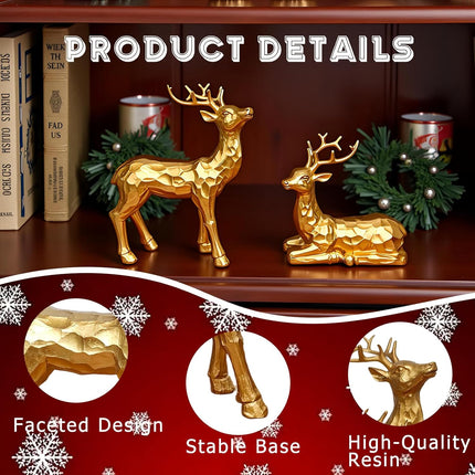 2PCS Golden Facets Reindeer Figurines Small Indoor Christmas Decor