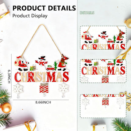 Merry Christmas Wooden Hanging Sign Ornament Santa Snowflake Jingle Bells