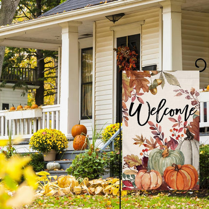 12x18in Fall Pumpkin Leaves Garden Flag, Double-Sided Burlap Autumn Thanksgiving Decor