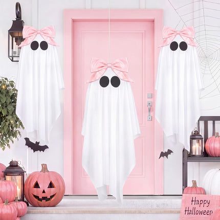 3-Piece 29.9in Pink Bow Halloween Hanging Ghosts, Cute Porch & Yard Party Decor