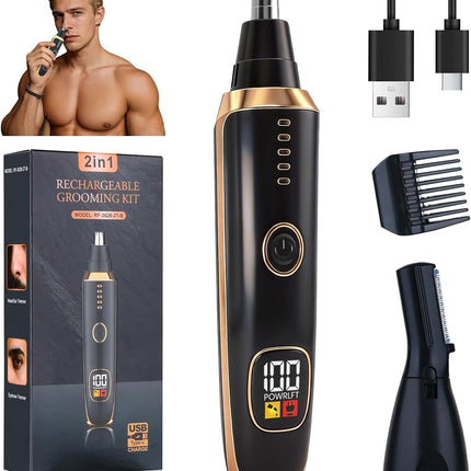 2-in-1 Nose & Ear Hair Trimmer for Men & Women, USB Rechargeable, LED Display, Waterproof