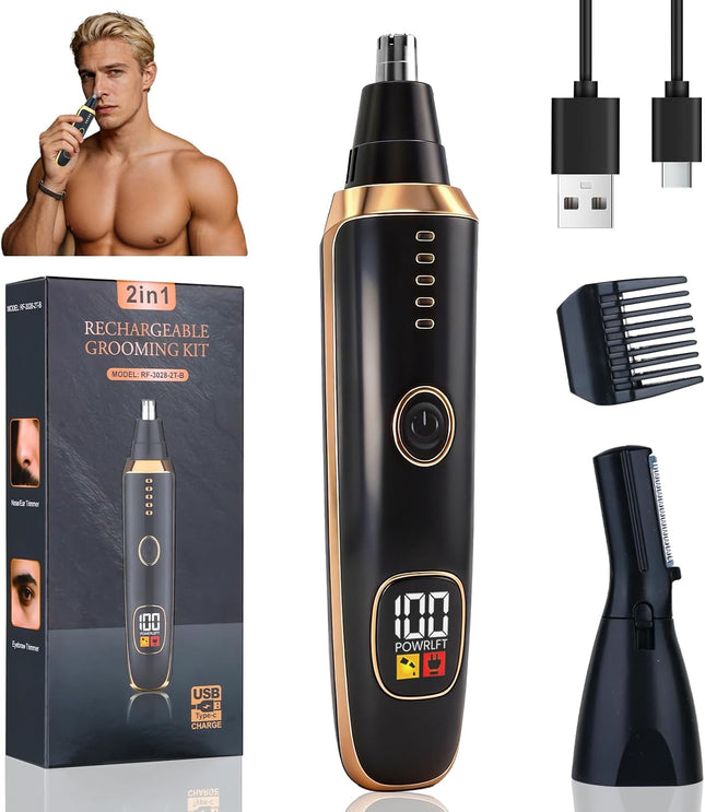 2-in-1 Nose & Ear Hair Trimmer for Men & Women, USB Rechargeable, LED Display, Waterproof