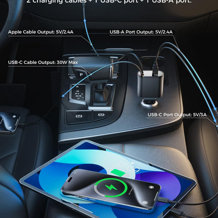4 in 1 Retractable Car Charger – Fast Charging, USB C & Apple Adapter, 2.6ft Cord