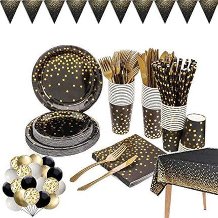 142pcs Black & Gold Party Set – Polka Dot Plates, Cups, Napkins & Tableware
