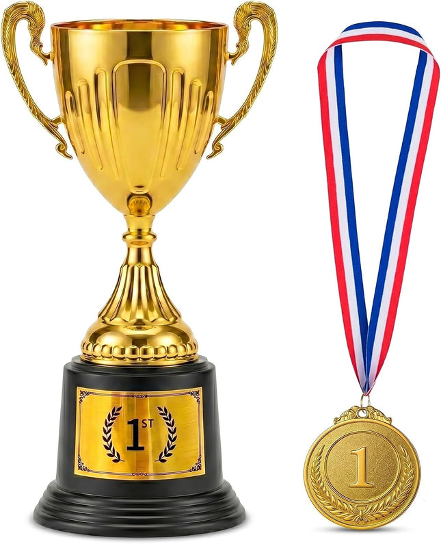 1st Place Gold Trophy and Medal Set, 8.86 Inch Plastic Winner Cup for Sports Awards