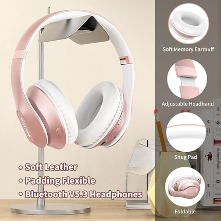 Bluetooth Over Ear Headphones 65H Playtime HiFi Stereo Foldable Rose Gold
