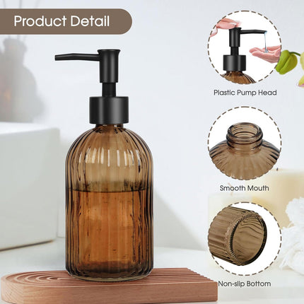 2-Pack Amber Glass Soap Dispenser Set 400ml Black Pump for Kitchen Bathroom Lotion