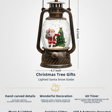 Christmas Musical Snow Globe – Lighted Lantern with Timer, USB or Battery