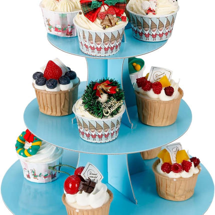 2Pcs 3 Tier Cupcake Stand Cardboard Dessert Display Tower Baby Blue Party