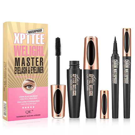 2 Pack Mascara Eyeliner Set 4D Silk Fiber Waterproof Smudge Proof Makeup