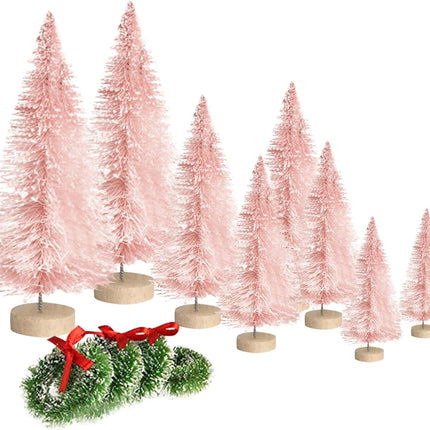 8PCS Mini Christmas Trees – White Bottle Brush Tabletop Trees with Wood Base & Wreaths