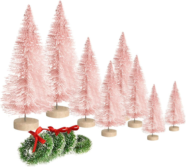 8PCS Mini Christmas Trees – White Bottle Brush Tabletop Trees with Wood Base & Wreaths