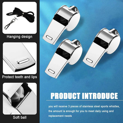 3 Pack Loud Stainless Steel Whistles with Lanyards for Coaches, Referees & Sports