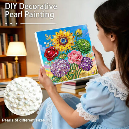 12x12" Flower Diamond Art Pearl Painting Kit, DIY Gem Dot Craft, White Home Wall Decor