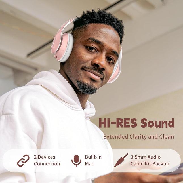 Bluetooth Over Ear Headphones 65H Playtime HiFi Stereo Foldable Rose Gold