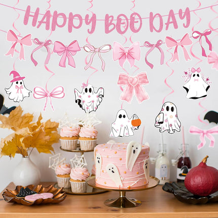 12-Piece Pink Halloween Birthday Decorations, Boo Day Bow Ghost Banner & Swirls