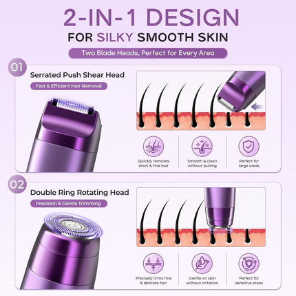 2-in-1 Bikini Trimmer for Women, IPX7 Waterproof Electric Razor, Rechargeable Body Shaver