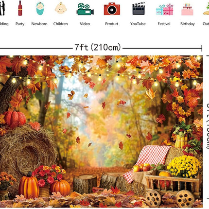 Fall Photography Backdrop 7x5FT – Autumn Maple Leaves, Pumpkins & Thanksgiving Decor