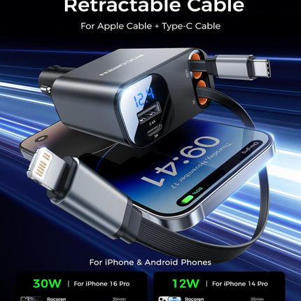 Retractable Car Charger for iPhone – 4-in-1 USB-C 69W Fast Charge