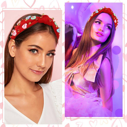 Valentine’s Day Headband for Women: Love Red Heart Rhinestone Knotted Hair Accessory