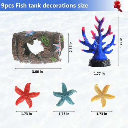 9 Piece Betta Fish Tank Decorations Set Resin Aquarium Plants Barrel Starter Kit