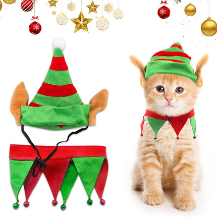 Dog Christmas Costumes Set – Green & Red Top Hat Outfit for Dogs and Cats, Funny Holiday Look