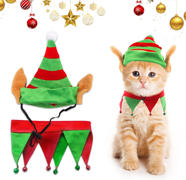 Dog Christmas Costumes Set – Green & Red Top Hat Outfit for Dogs and Cats, Funny Holiday Look