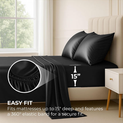 Queen Satin Sheets 4-Piece Black, Silky Soft 1800 Microfiber, Deep Pocket