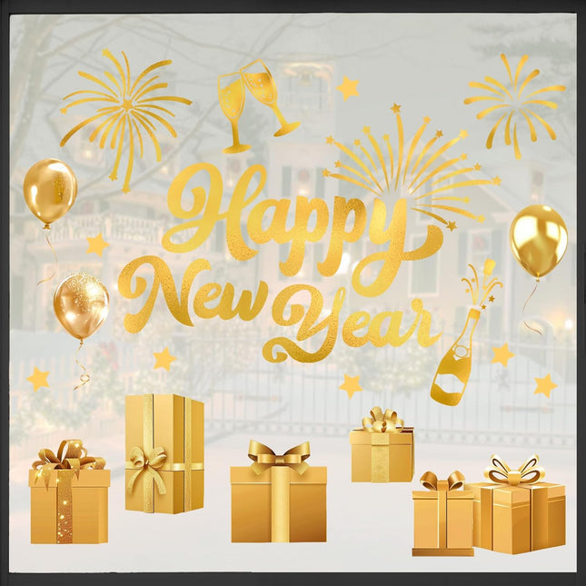 Happy New Year 2026 Gold Window Stickers – Champagne, Stars & Fireworks