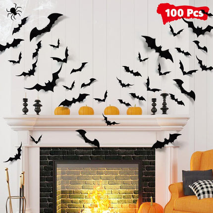 100-Piece 3D Halloween Bat Wall Stickers, PVC Bats for Indoor Outdoor Party Decor
