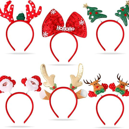 6PCS Christmas Headbands – Reindeer Antlers, Xmas Tree, Snowman & Bow Party Headwear