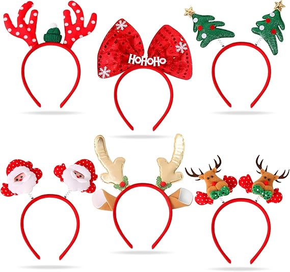 6PCS Christmas Headbands – Reindeer Antlers, Xmas Tree, Snowman & Bow Party Headwear